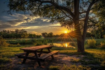 Fototapeta premium Wooden picnic table under a tree by a lake reflecting the golden sunset light, creating a peaceful and inviting scene