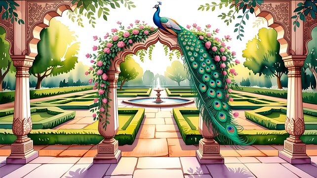 Traditional Mughal garden arch featuring a peacock and a wedding dome illustration