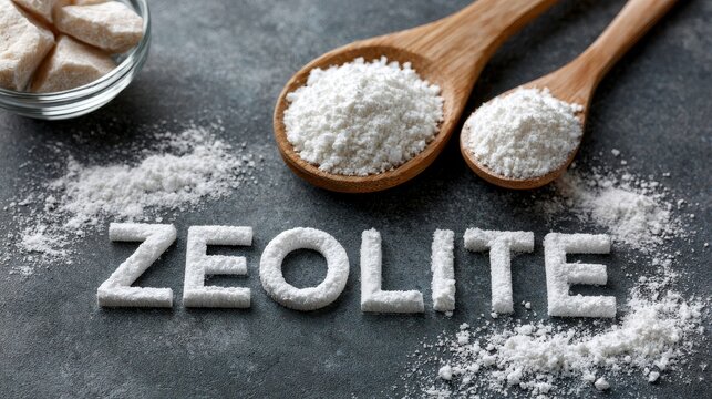 Natural zeolite mineral powder and chunks on a grey background. This material is useful for industrial filtration and.