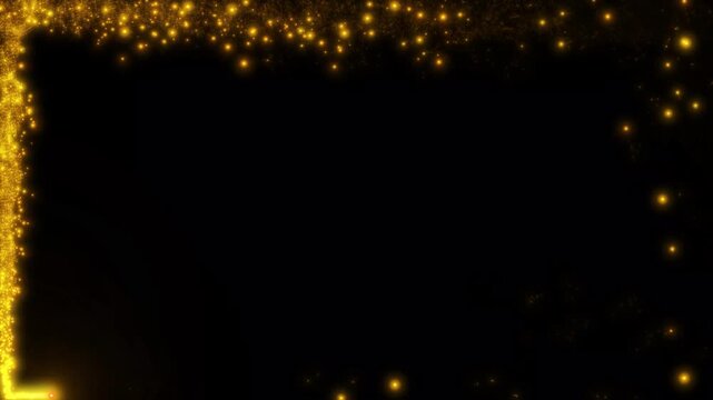 Abstract gold glitter sparkle frame overlay on beautiful magical fairy dust particle movement, star sparkle vector doodles, border frame alpha channel animation for black background. 4k video