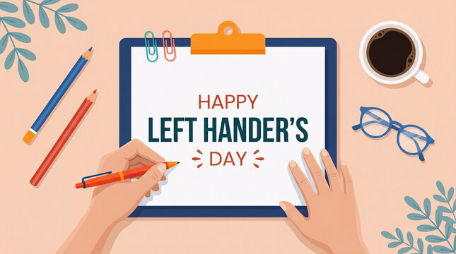 Happy Left Handers Day flat lay illustration with hands writing on clipboard, coffee, glasses, and stationery on peach background