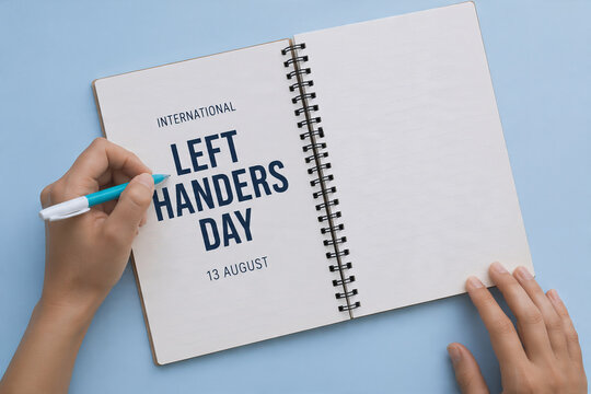 Left hand writing International Left Handers Day 13 August in spiral notebook on blue background