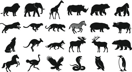 Obraz premium Animal Silhouettes Icon Set with Wild Felines Canines Zebras Birds and Mammals in Black Vector Shapes