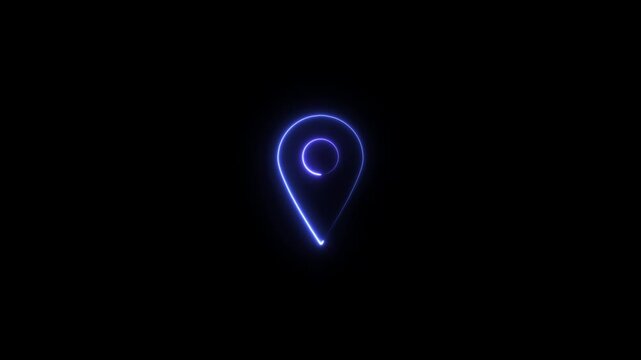 Neon blue glowing map pin icon on black background,  4K Video motion graphic animation  for navigation and location services digital interface