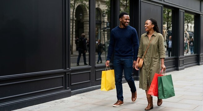 Black couple walking with colorful shopping bags. Happy man and woman shopping in city. Retail lifestyle and consumerism concept