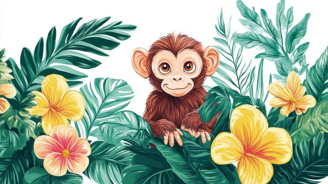 Adorable baby monkey peeking from lush tropical foliage with vibrant yellow flowers.