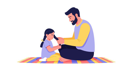 Obraz premium Father Braiding Daughter's Hair Illustration - Flat Vector Loving Parent and Child Bonding