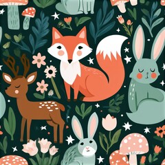 Fototapeta premium Woodland animals under starry night sky pattern, magical forest theme, whimsical nursery decor, cozy nature illustration, dreamy design.
