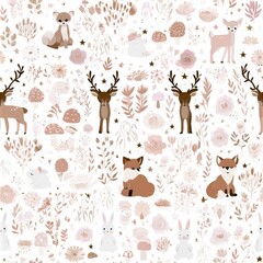 Fototapeta premium Woodland animals under starry night sky pattern, magical forest theme, whimsical nursery decor, cozy nature illustration, dreamy design.