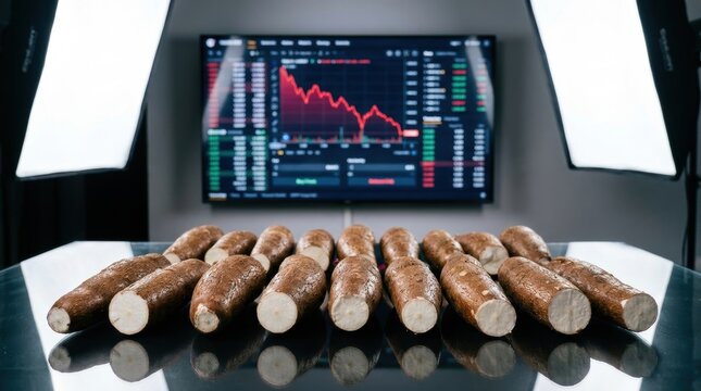 Numerous raw cassava roots are displayed in front of a stock market graph on a screen