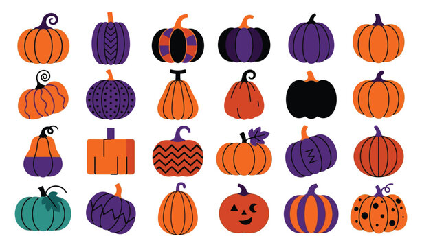 Colorful pumpkin collection vector illustration with various patterns and shapes for autumn design