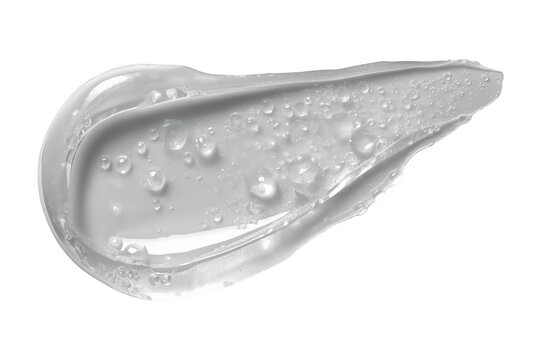 Clear cosmetic gel smear with water droplets, showing moisturizing skincare product texture, liquid swatche isolated