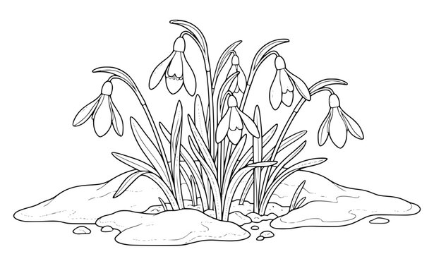 Spring Snowdrop Flowers Coloring Page Vector with Blooming White Snowdrops Emerging Through Snow