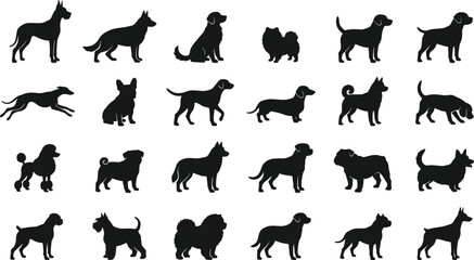 Obraz premium Dog Breed Silhouettes Icon Set with Black Vector Paw-Friendly Shapes Arranged on a Clean White Background