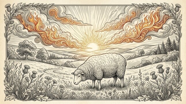 Vintage line art illustration of a grazing sheep in a meadow at sunrise. Pastoral landscape with stylized fire clouds and floral border