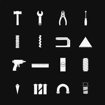 Collection of White Line Art Tools and Icons on Black Background