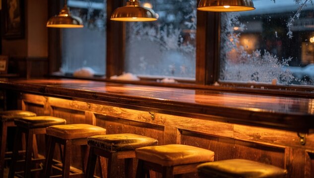 Winter evening at a cozy neighborhood pub showcasing a warmly lit wooden bar and stools with frosty window panes softly blurred in the background.