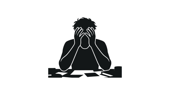 A man sitting at a table covering his face with his hands in frustration.