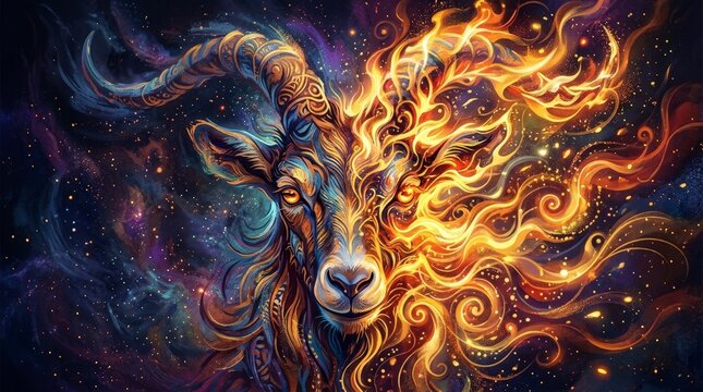 Abstract illustration of a goat face merging with glowing flame patterns. Mystical animal portrait with blue and gold details on a cosmic starry background