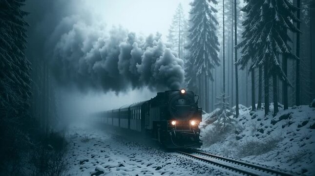 Telephoto shot of an old steam train vanishing into a blizzard through snow-covered pine forests, cinematic and dramatic, evoking mystery, motion, and winter wilderness.