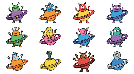 Modern Colorful Cartoon Aliens Waving with Planetary Rings Whimsical Space Themed Characters with high quality professional line art symbols for modern creative design and digital branding projects © Yanto
