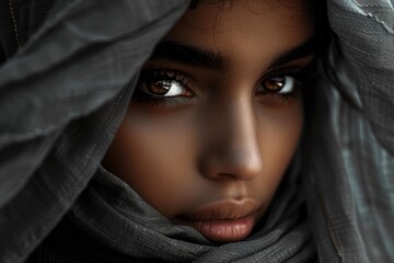 Fototapeta premium Close up of a woman with brown eyes wearing a gray veil, creating an aura of mystery and intrigue