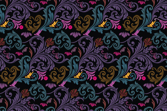 Vintage damask seamless pattern with acanthus leaves, dark gothic floral background vector, ornate baroque scrollwork wallpaper for luxury textile design
