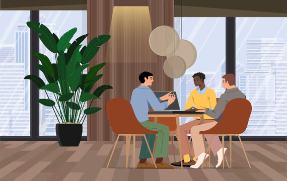 A team of young people brainstorming a project in meeting room. Vector illustrations.