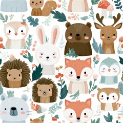 Fototapeta premium Woodland animals seamless pattern with fox squirrel bear and owl, forest nursery theme, playful nature decor, charming illustration.