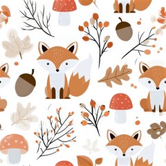 Fototapeta premium Cute fox seamless pattern with autumn leaves and berries, woodland nursery theme, playful forest decor, charming wildlife illustration.