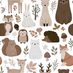 Fototapeta premium Woodland animals seamless pattern with fox squirrel bear and owl, forest nursery theme, playful nature decor, charming illustration.