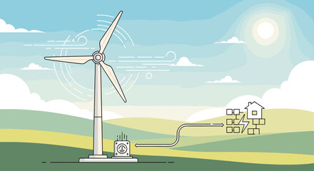 Vector illustration of a wind turbine generating electricity for a residential house in a green landscape. © Syaiin