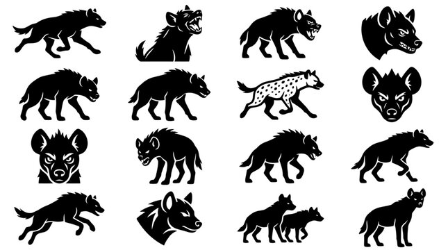 Collection of hyena silhouettes and illustrations.