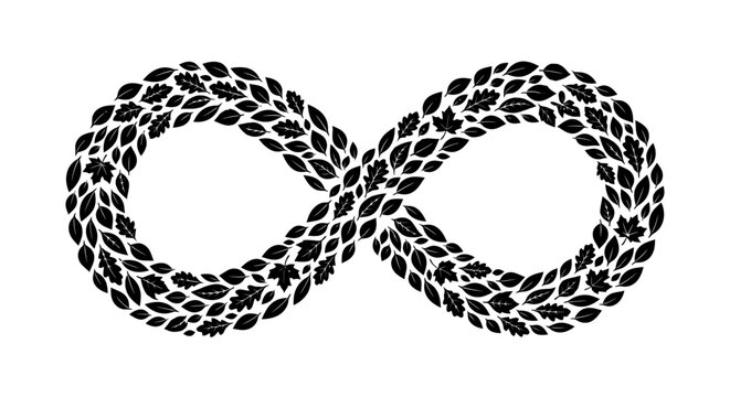 Infinity symbol made of leaves on white background.