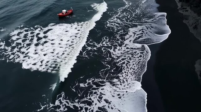 Aerial tracking slow motion pan of small red dinghy drifting near black sand shoreline with breaking foam waves overcast daytime sea isolated maritime scene