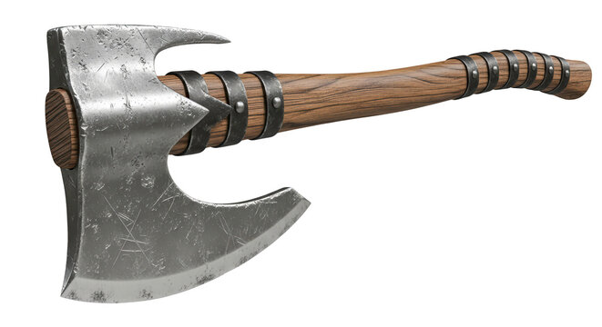 Double bladed battle axe weapon with leather wrapped wooden handle isolated on white