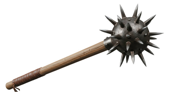 Spiked mace morning star weapon with wooden handle isolated on white