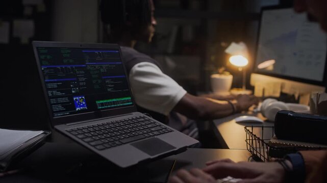 African American young adult programmer discussing code with Caucasian colleague and giving thumbs up in office. Ideal for software development, IT startup, and late-night teamwork videos