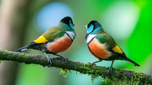 Two vibrant colorful birds with blue orange and green plumage perch on a mossy branch in a lush green natural forest setting under soft natural light creating a serene mood 4k video