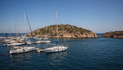 Obraz premium Sailboats Anchored Near a Small Island in Clear Blue Water During Daytime