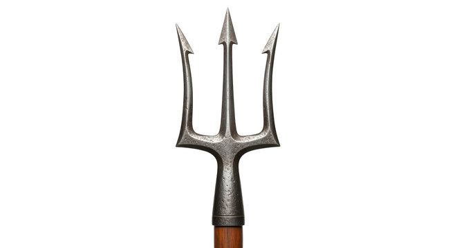 Three pronged steel trident spear weapon isolated on white background