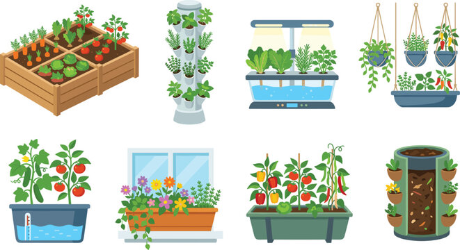 Home Gardening System Collection Featuring Raised Beds, Hydroponic Towers, Indoor Grow Lights, Hanging Planters, Window Boxes, and Vertical Composting for Urban and Sustainable Design Concepts