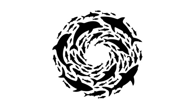 Black and white illustration of sharks in circular formation.