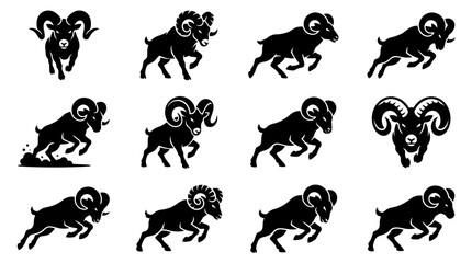 Naklejka premium A collection of black ram silhouettes.