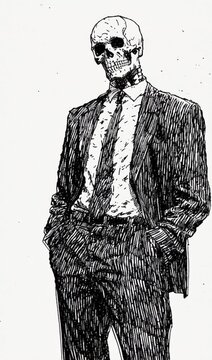 Full-body skeleton dressed in a suit, standing in a neutral pose, cinematic and detailed, blending macabre and formal elements, suitable for artistic, Halloween, or conceptual visuals.