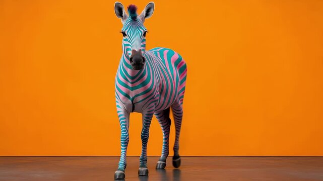 Tracking shot of pink and teal striped zebra walking and turning on orange studio backdrop, approaching camera with swishing tail in bright modern set