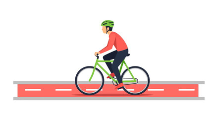 Fototapeta premium Male Cyclist Riding a Green Bicycle on a Red Bike Lane Flat Vector Illustration