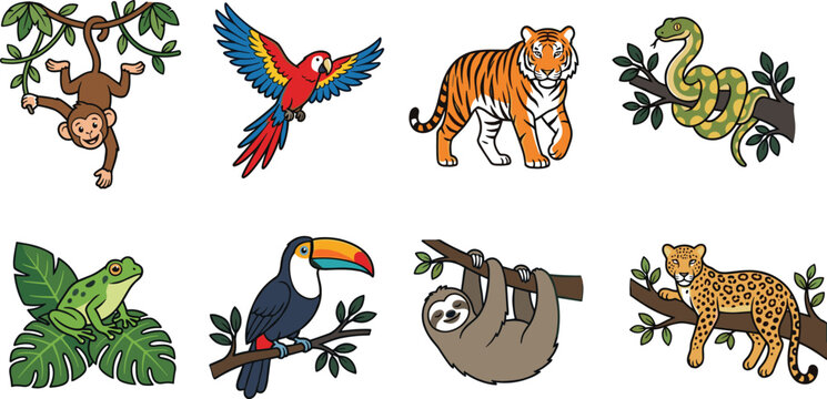 Jungle Animals Illustration Featuring Monkey, Parrot, Tiger, Snake, Frog, Toucan, Sloth, and Leopard