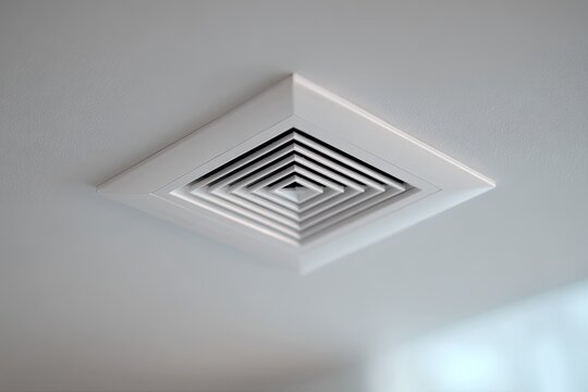 A perspective image of a white, square air vent installed on a smooth, light-colored ceiling