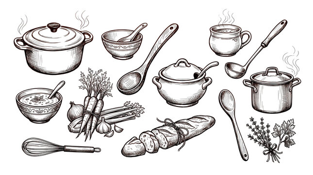 Hand drawn soup cooking set with steaming pots, soup bowl, tureen, vegetables, herbs and bread in vintage engraving style isolated on white